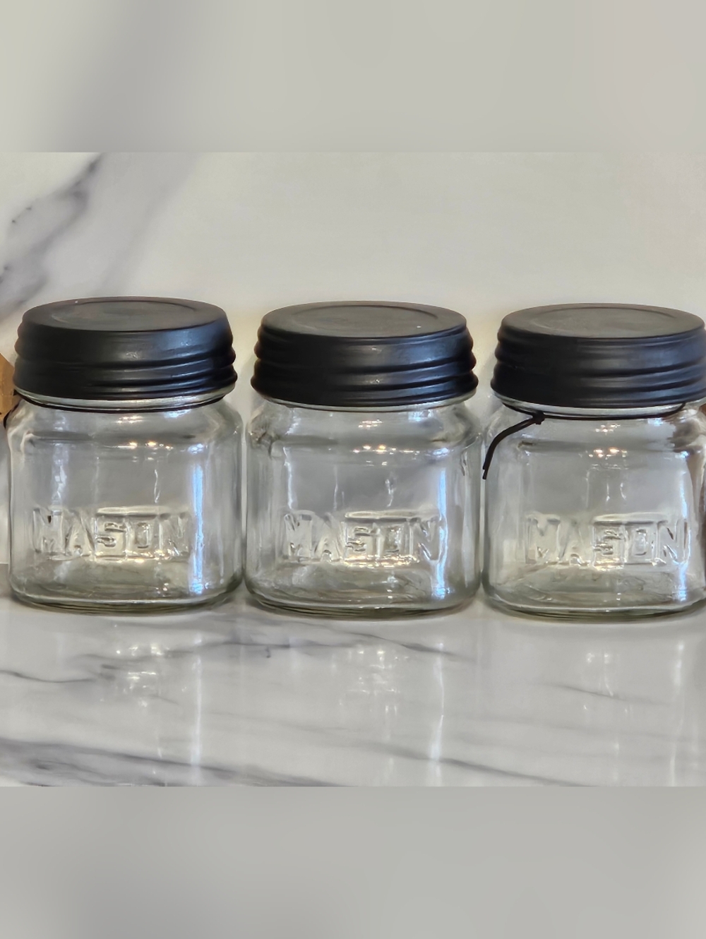 NWT - Set of 3 Clear Glass Spice Or Storage Jars with Black Lids